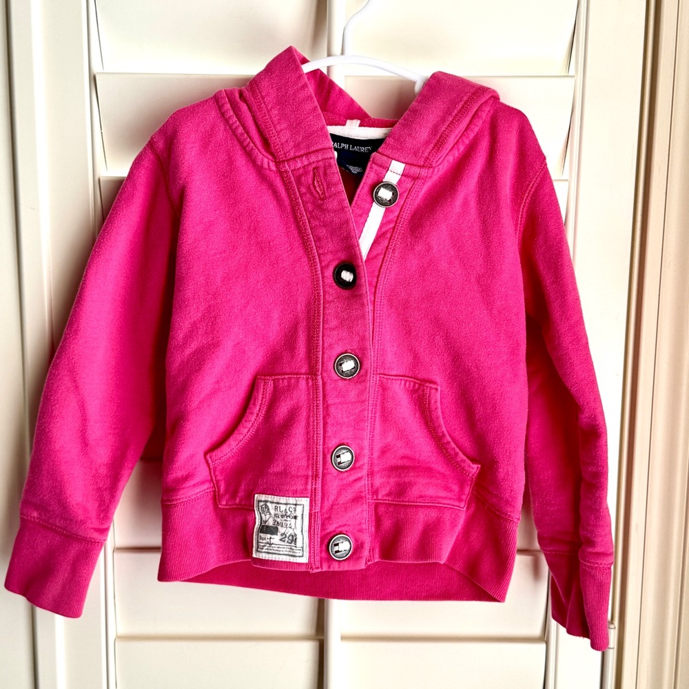 Ralph Lauren Girls Pink Button Front Hoodie Size 5 Cotton Preppy Sweatshirt